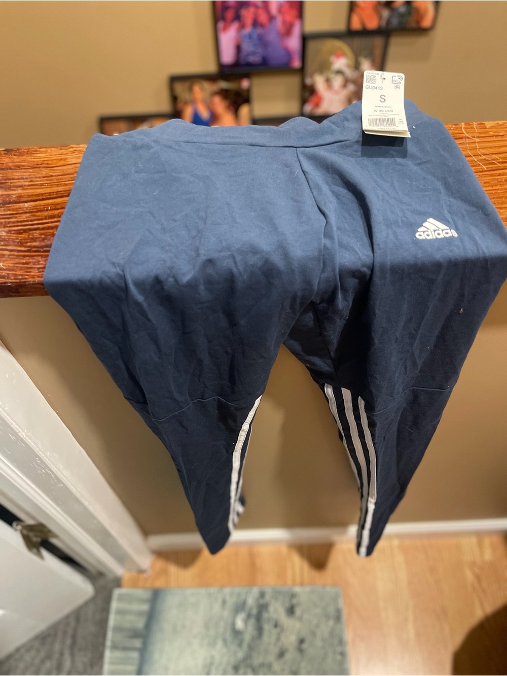 Adidas womens Navy Blue Athletic Leggings with Side Stripes - Small